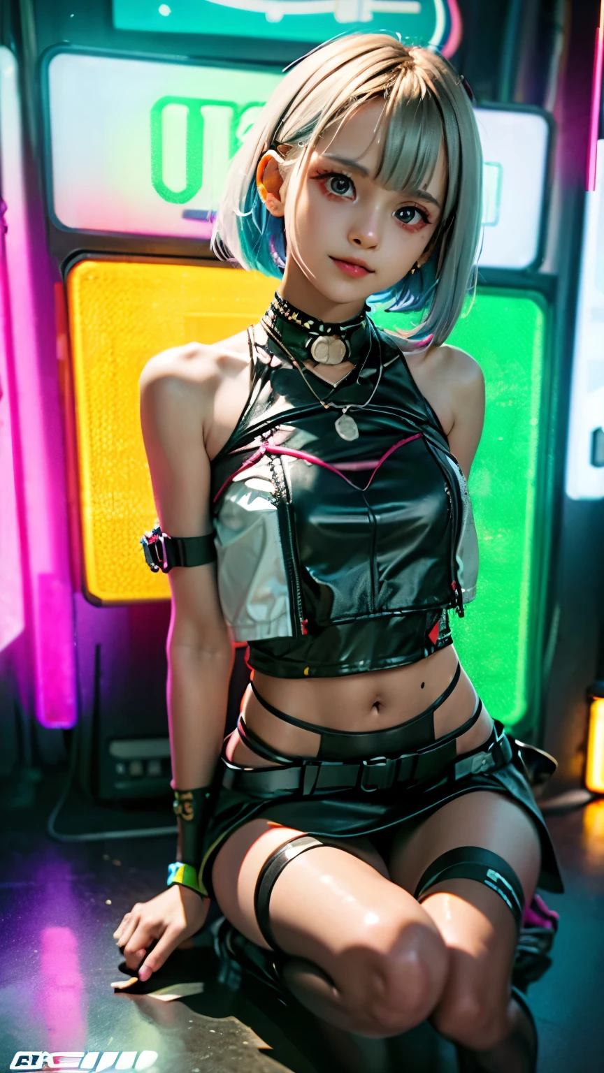 A colorful Bob cut haired punk canadian girl, smooth white skin, innocent look, ************, Ultra high res, uhd, photorealistic, cyberpunk outfit, ripped shirt, wink, playful enticing expression, neon lighting, crop top vest, wearing short skirt, colorful loose socks, full body shot, beautiful legs, fish eye lens, vogue pose, modeling, playful, straps, shibari, bound