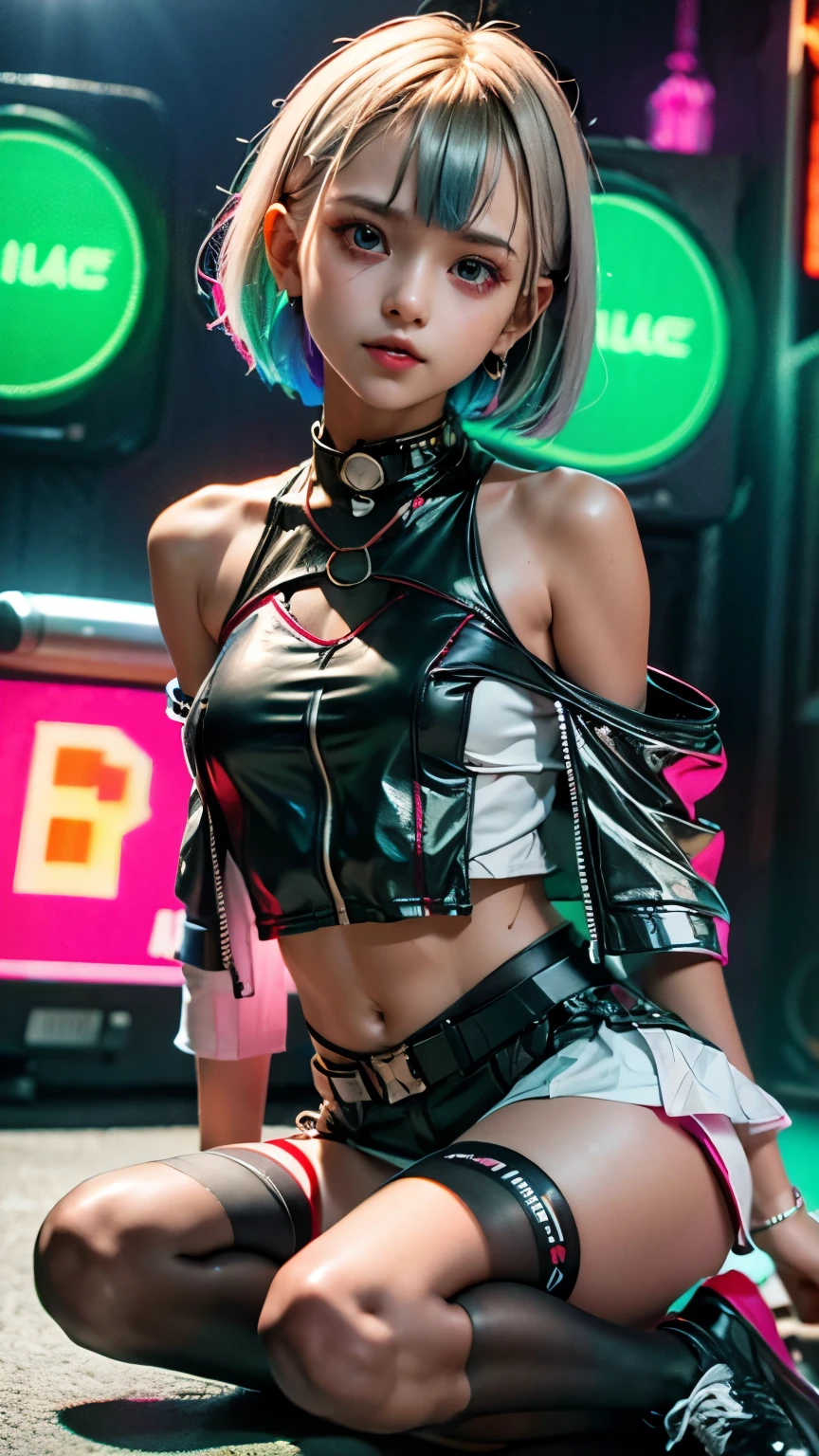 A colorful Bob cut haired punk canadian girl, smooth white skin, innocent look, , Ultra high res, uhd, photorealistic, cyberpunk outfit, ripped shirt, wink, playful enticing expression, neon lighting, crop top vest, wearing short skirt, colorful loose socks, full body shot, beautiful legs, fish eye lens, vogue pose, modeling, playful, straps, shibari, bound