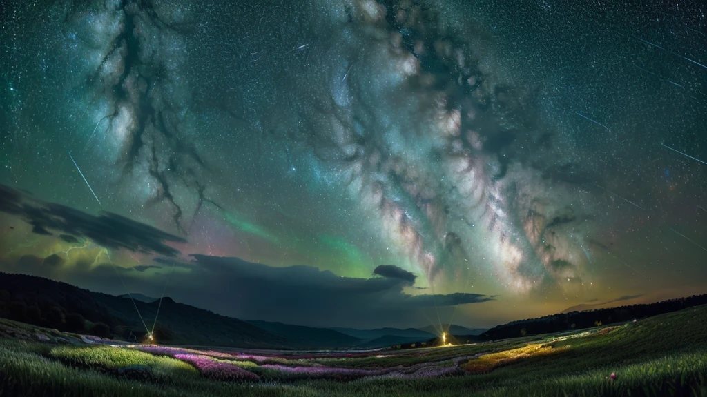 Picture a vast field stretching as far as the eye can see, covered in lush, emerald grass that seems to pulse with an inner light. Scattered across this otherworldly meadow are flowers of every imaginable shape and color, each one a masterpiece of nature's creativity. In the foreground, focus on a cluster of these extraordinary blooms. One flower has petals that look like swirling galaxies, complete with spiral arms and glowing stars. Another resembles a cascade of liquid light, its petals flowing and changing shape in a mesmerizing dance. A third flower appears to be made of pure energy, crackling with tiny lightning bolts between its petals. Floating above these wonders are motes of light, like fireflies made of stardust, weaving complex patterns in the air. The sky above is a tapestry of deep space, with brilliant stars, colorful nebulae, and the majestic arc of the Milky Way stretching from horizon to horizon.