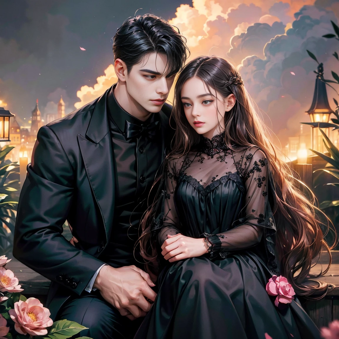 Happy couple, 1 girl 1 boy, Different hair color, Extraordinarily detailed face, A long black bow-tied bangs and brown eyes. A young woman with long hair and a hair clip. , A man with black hair, an open forehead, and dark grey eyes.,, Face to face, 35 years old, , (Young woman in black dress), (Young man in black t-shirt), Evening sunlight,The boy is tall, has broad shoulders, a sharp face, and fierce eyes., Height difference , Night background, decorated with lights, sitting, Looking at each other,Pink clouds, A land overgrown with flowers, Art Station Display, Ultra Wide Lens, high definition,
