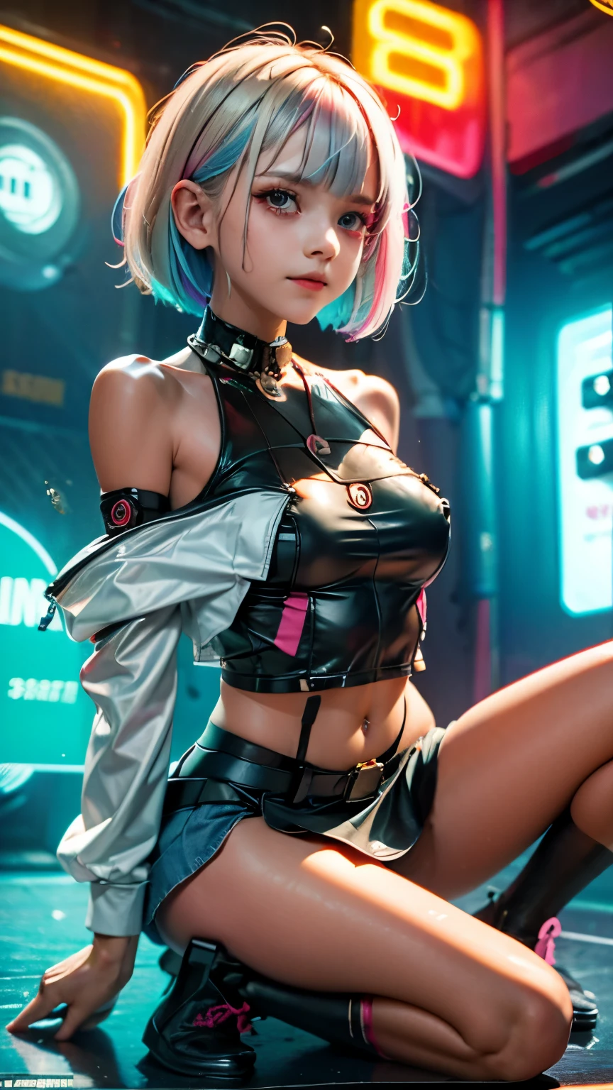A colorful Bob cut haired punk canadian girl, smooth white skin, innocent look, , Ultra high res, uhd, photorealistic, cyberpunk outfit, ripped shirt, wink, playful enticing expression, neon lighting, crop top vest, wearing short skirt, colorful loose socks, full body shot, beautiful legs, fish eye lens, vogue pose, modeling, playful, straps, shibari, bound