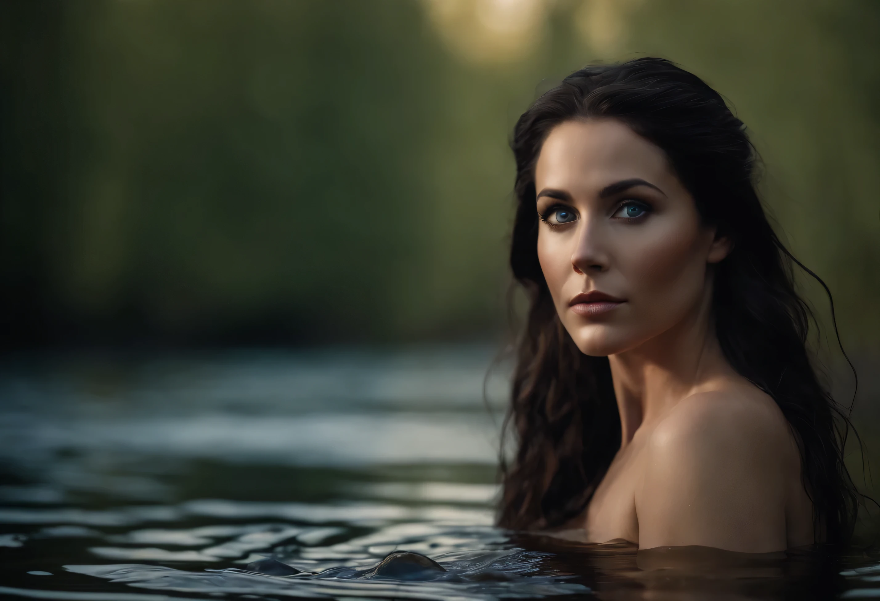 a beautiful naked dark-haired Irish woman wades through water, her bare breasts are covered by her right arm, she looks over her shoulder with dark blue eyes, a crystal clear pond surrounded by aspen trees and gnarled Willows, detailed eyes,detailed lips,extremely detailed face,long eyelashes,leash,bare breasts,dark hair,dark blue eyes,crystal clear water,aspen trees,willow trees,fantasy,dark,moody,shot from side, close up shot