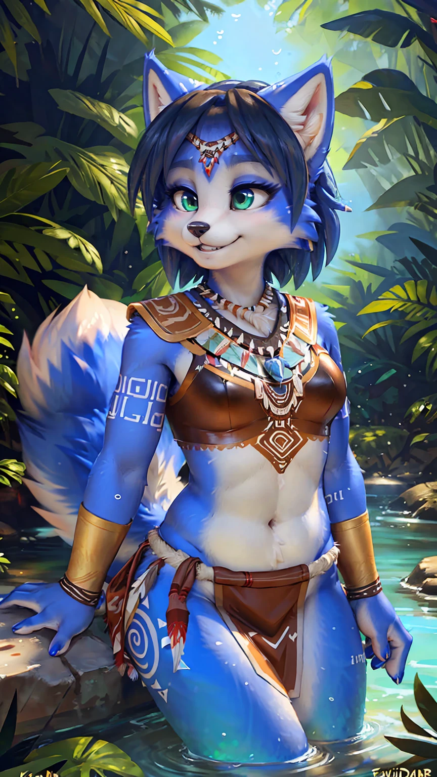 A beautiful and detailed (sweet picture) wa ((krystal)), Star Fox Krystal, sslim, lovable, green eyes, medium breasts, (((Long blue hair 1.3))), ((Tips for black hair)), Decollete, grin, look up,, anthro, furry, Uploaded E621, detailed fluffy fur, (wa Fluff-Kevlar, Bayard Wu, personalize me, Pino Daeni), detailed face, (fluffy), 1 girl, alone, (((Tribal clothing:1.3))), ((leather breastplate)), sweet girl, alone, swims in the river, dive, underwater