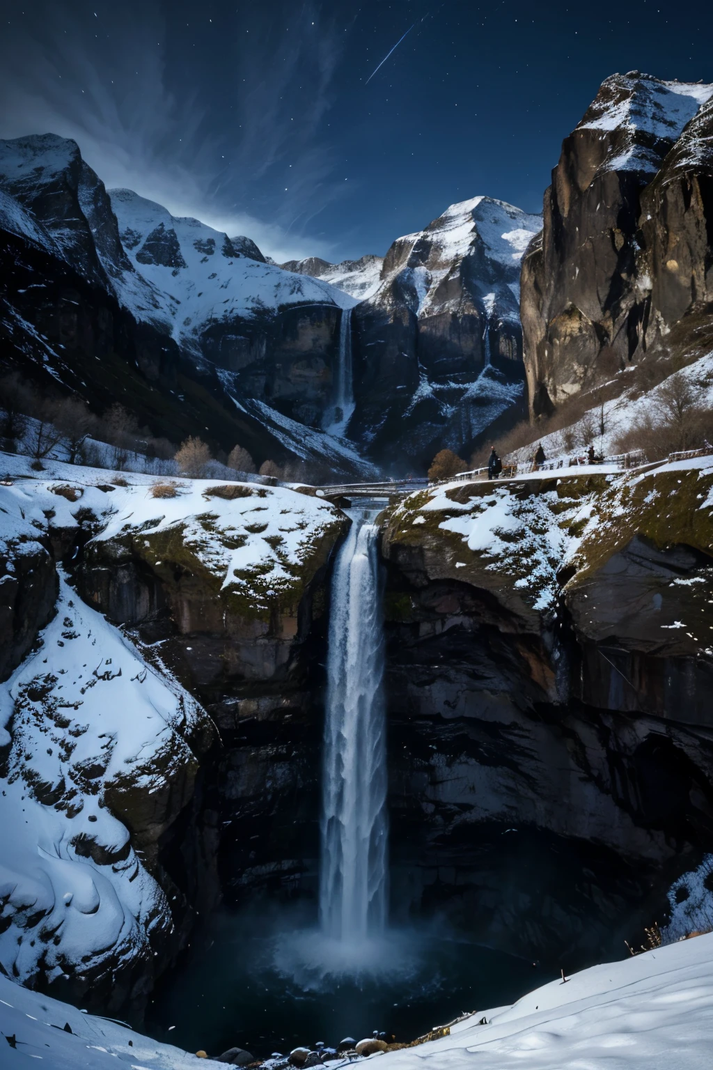 the highest and most beautiful waterfall in the world, winter night