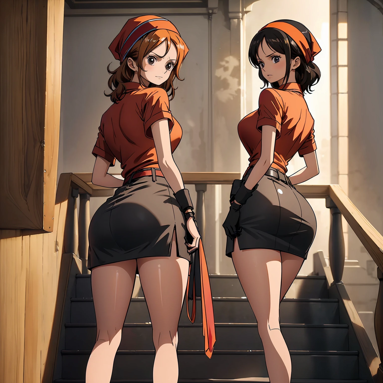 ((highest quality)), ((masterpiece)), (High resolution), 8K, best shadow, The best natural light, cinematic, woman climbing stairs、20-year-old, dragonballpan,pan gt,short hair,black hair,gloves,short sleeves,black gloves,belt, fingerless gloves,black eyes,(red shirt:1.5),black belt,bandana,((orange bandana)),black skirt,tight skirt , miniskirt,jewelry,Looking back, bashful、((Rear view))、Angle from directly below the rear, ((View from directly below)),whole body、Manga panel layout、cartoon style、Manga Design、station stairs、on the way to school, A skirt that flips in the wind, Stylish white panties hidden under a skirt, slender body,beautiful thighs, embarrassed expression, blush, huge ass,big ass,((upper body)),detailed face, perfect face,4k,ultra high definition ,((big ass)), ((huge ass:1.5)) ,(wide hips )