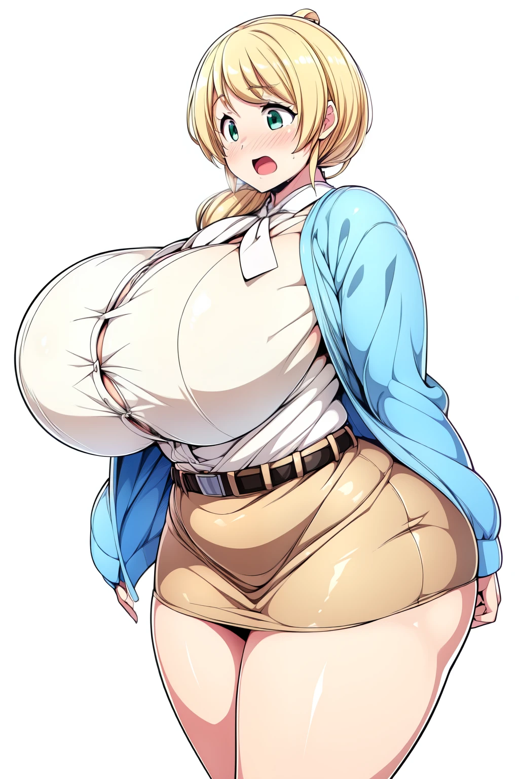 (Highly detailed CG,Highest quality,8k, masterpiece: 1.3),Super Detail, Ultra-high resolution, ((simple white background)), Ellen Baker,girl(teacher),22 years old,Green Eye,Delicate eyes, hair(blonde,length,Loose Side Tail), skin(shiny, oily), (White transparent blouse),(Light blue cardigan), (light brown mini skirt), (Cute pink panties), (thin:1.4), (huge breasts, bursting breast), (narrow waist:1.4), (wide hips), ((voluptuous thighs, thick thighs)), (from side:0.8), anguish, open mouth, blush, gapped button,