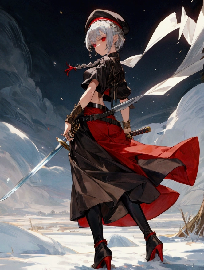 I want to draw a young anime character who masters the power of ice element and uses a sword weapon with short gray hair braided in the back and sharp red eyes. She wears a short skirt with a long dress in the back, a black crop top decorated with various belts and gold jewelry, brown leggings, high-heeled boots, and a black beret, with a view of a snowy field