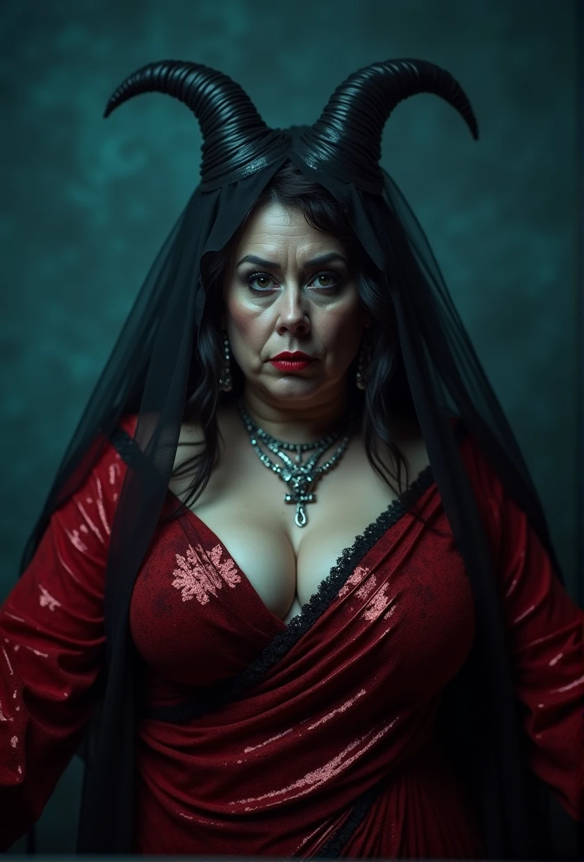 Big chubby aunty, milf, cougar lady witch, horny Gothic milf, 70 years old gorgeous mature lady, pervert demoness, demoness of lust, curvy, red lips, horny face, extremely gorgeous, thick figure, heavy physique, voluptuous, curvy, sexy figure, Fashionable portrait of androgynous alien looking witch wearing veil, glowing eyes, futuristic design, minimal details, givenchy, photoreal, 200mm, hd, f/ 2.0, highly detailed, surreal, sexy beautiful evil woman, sexy bold sequin red Saree with strapless Bra, chudail, Pishachini, horror genre, blood-thirsty enchantress, powerful female spirit, eerie, drop dead, in the style of red and blue, (intricate details, hyperdetailed:1.15) (skin texture:1.2), dark Moody tone, cinematic lighting, haunted place in background,