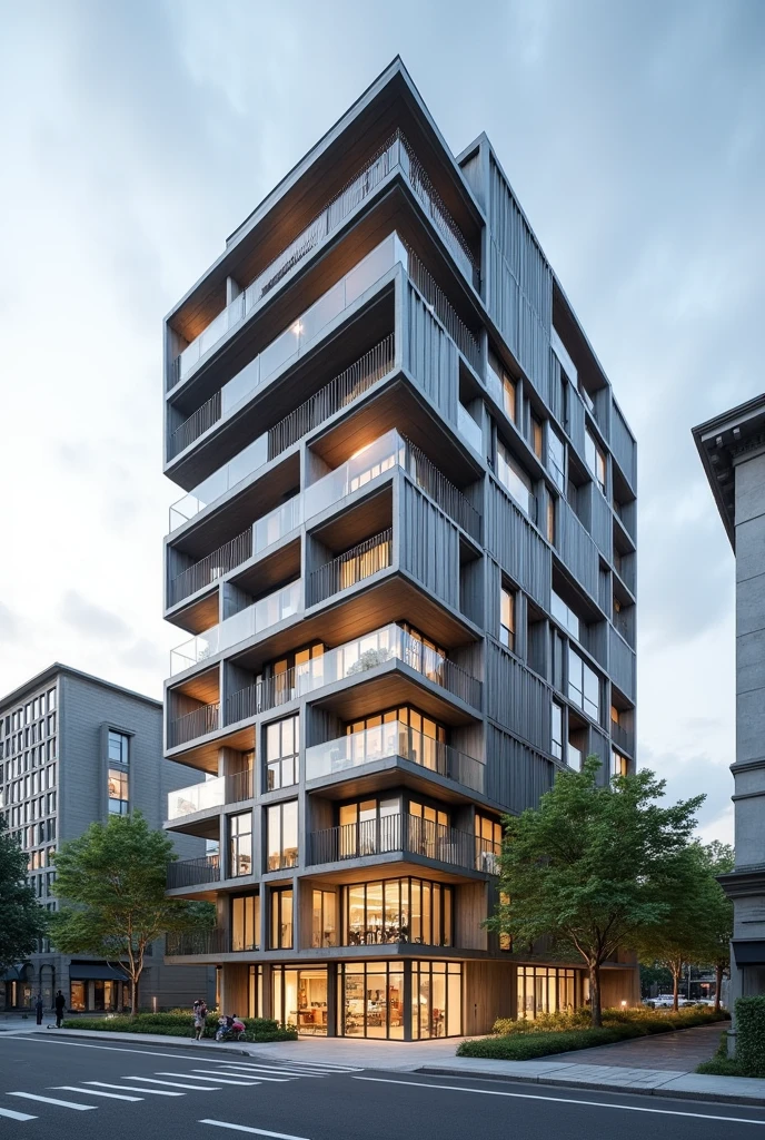 Elevation of 5 storeyed building with lower 2 floor commercial and top 3 residential