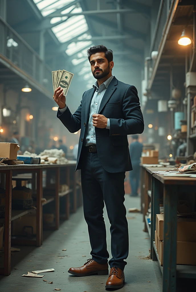 173 cmiranian ingineer with dollar in hand
And he is in factory
And some paper around desk
