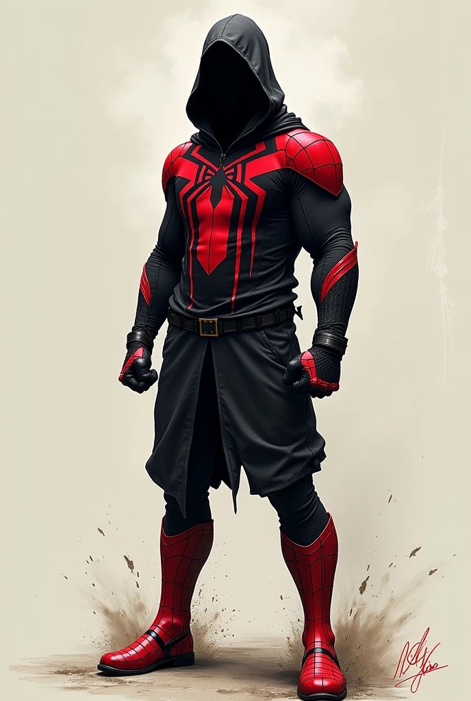 styled: drawning, Spiderman in black and red uniform, with black hood, in a classic spiderman pose