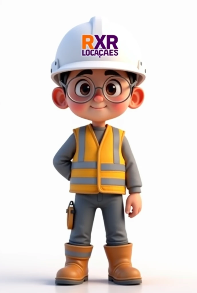 Pixar-style image of a 30-year-old construction worker. The character has fair skin, large and expressive brown eyes. He is wearing a white helmet with the 'RXR Locações' logo, which features bold purple and orange letters. The character also has clear safety glasses and ear protection. He is dressed in a yellow high-visibility vest with reflective stripes over a gray long-sleeved shirt, gray pants with reflective stripes and safety boots. The overall layout is simple, with the character centered on a plain white background.