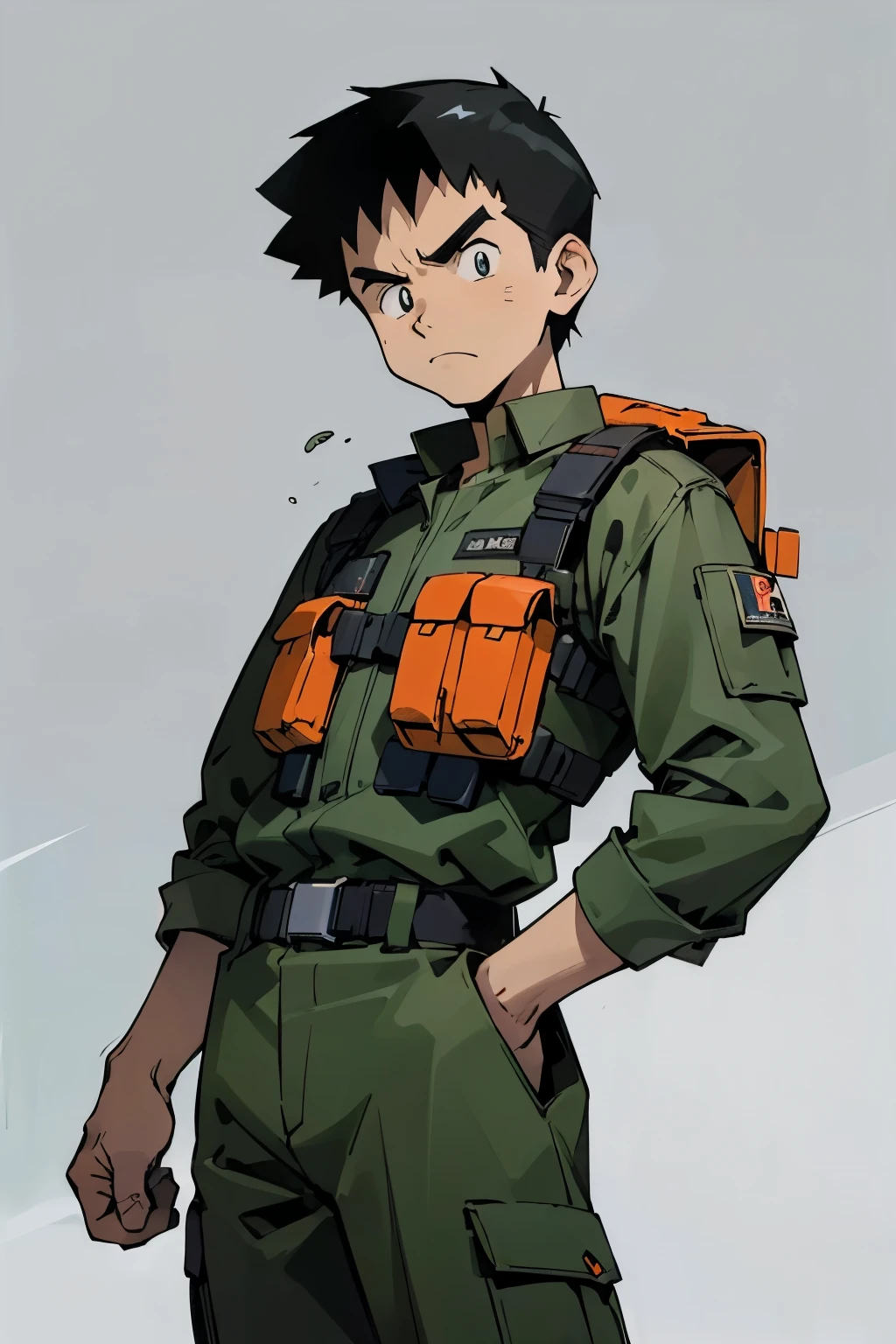 by Ken Sugimori, sugimori 1990s, ((only 1man)), adult, camoflauge uniform, backpacker, survivalist, bullet proof vest, scowling, goggles ((hands behind their back)), full black pupils, manga, best quality, highly detailed, clean lines, cowboy shot, good hands, good eyes, hd, 8k, professional, symmetrical, hires, 8k,