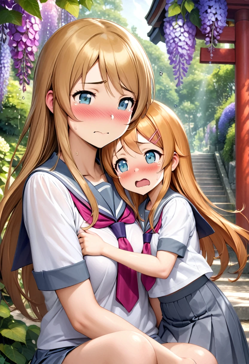 animetoreal, (mother and daughter, age_difference,size_difference), listening to the heartbeat , hugging each other,grabbing tit,(Cum on body), embarrassed,blush,tears in eyes, sweat, , masterpiece, best quality, very aesthetic, absurdres, ,kousaka_kirino, ore no imouto ga konna ni kawaii wake ga nai, orange hair|brown hair, long hair, floating hair, shiny hair, blue eyes|aqua eyes, pink hairclip, white shirt, (gray sailor collar|blue sailor collar), red ascot,Wallpaper Fusion, dappled sunlight, day, flower, hydrangea, leaf, light rays, nature, outdoors, path, plant, purple flower, scenery, stairs, sunlight, torii, tree, wisteria,floating droplets of water,