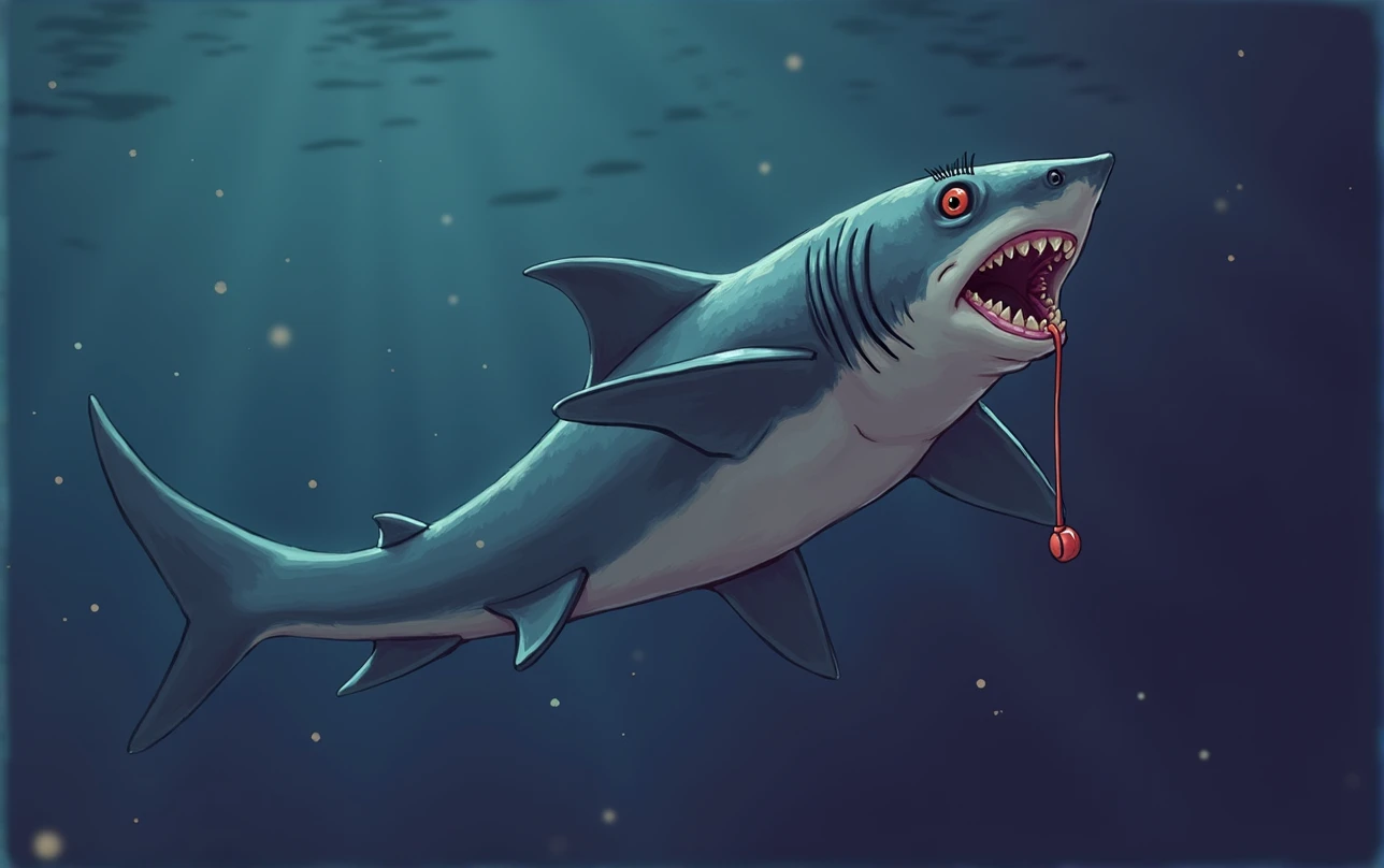 The furry mako shark is female. Swimming coach. He wears a swimming suit. The chest is missing. There's a whistle hanging from her neck. There are fins on the elbows. There is a large fin on the back. There is a shark's tail. Eyelash. Against the background of the pool. In the style of fundamental paper education.