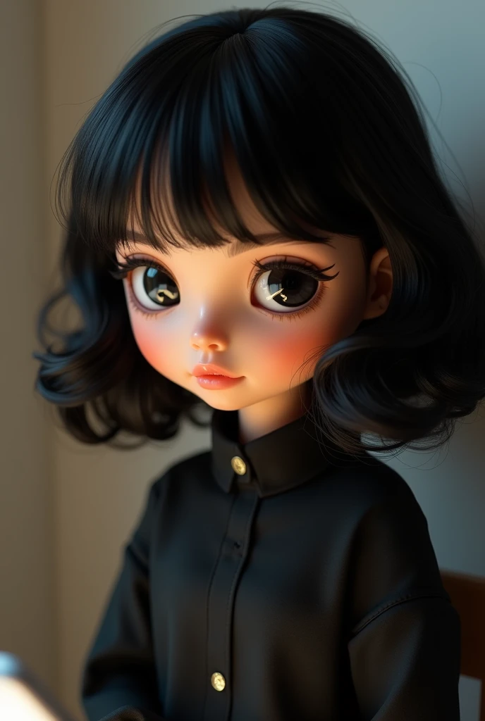 Blythe idol with black medium curly hair swith bangs and big black eyes, looking at the screen, with brunette skin, black blouse with high collar, cute, without much makeup