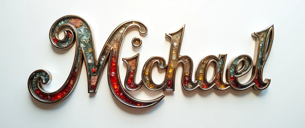 (text:"Michael") The word, in Art Nouveau fancy script text direct lighting front face view on flat white silk background, shiny bright polished silver chrome with tropical reflection and coloured glass decorative inserts, art nouveau, flowing shapes and flourishes and bright sparkling highlights, lens flare, logo, badge, emblem, insignia, label, photorealistic, extremely detailed, beautiful, unique, epic, cinematic,