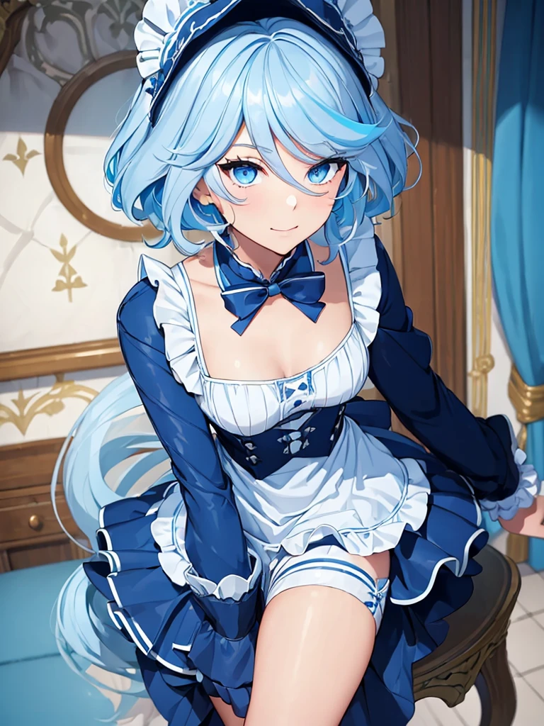 (Furina), 1girl, as a maid, wearing a maid outfit, at a home, light blue colour short hair, 8k, high detailed, high quality