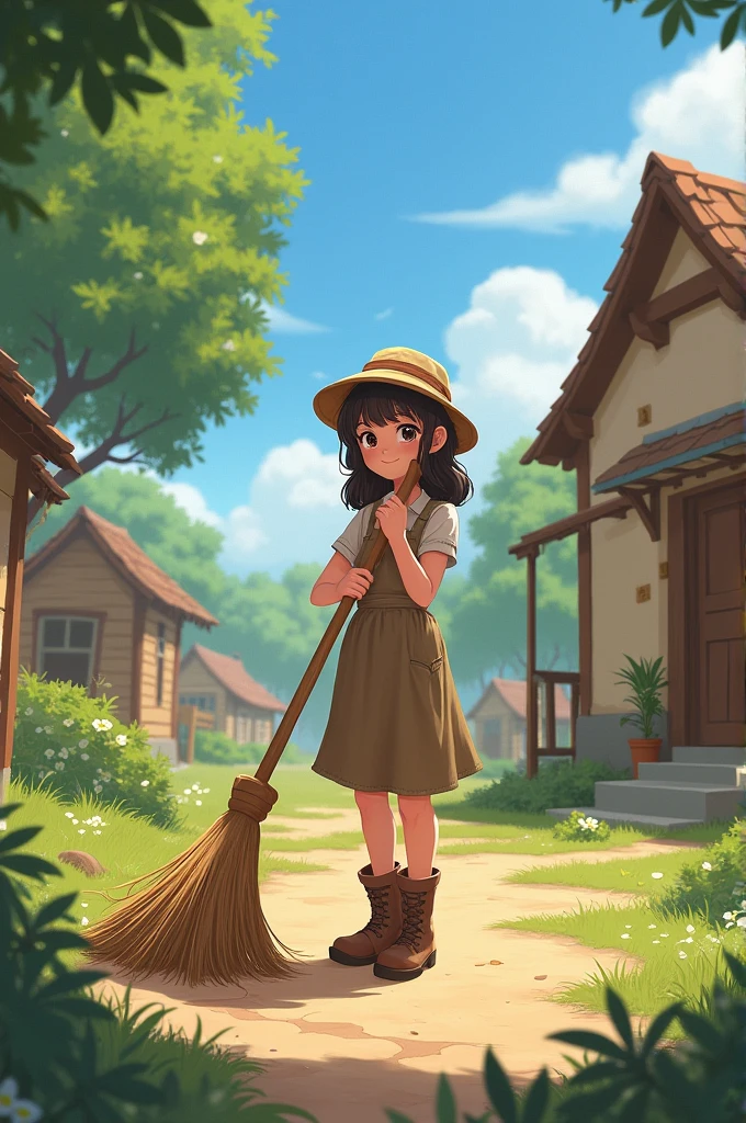 Rania is a girl who is sweeping the yard in a village.