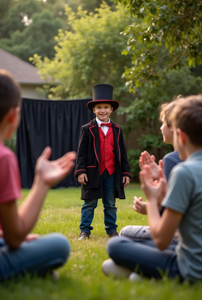 A backyard with a small stage and a curtain. A young boy dressed in a magician’s outfit is performing magic tricks for a group of friends sitting in a circle. The friends are eagerly watching, clapping, and smiling