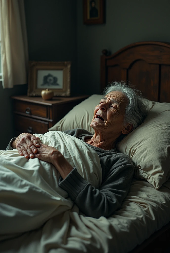 A sad old sick mother in a poor bed