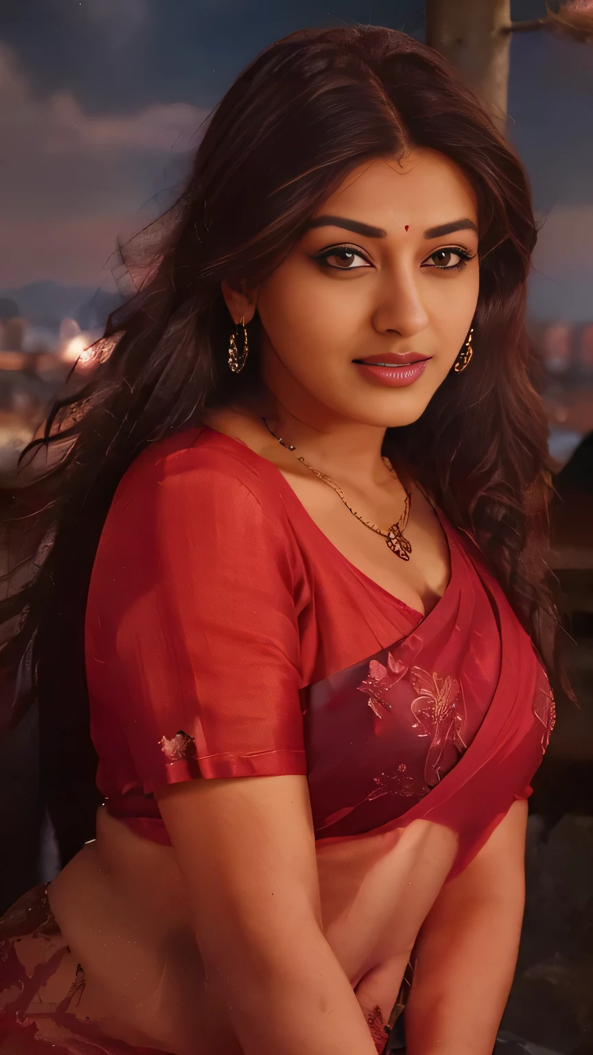 night scene, from top view, extreme close up photo of indian, curvy, big cheeks, hourglass figure, swooping breasts, standing on mountains, necklace, French braid hair, sultry, red Saree, seductive eyes, look at viewer lusciously, (cinematic:1.3), intricate details, (ArtStation:1.2)