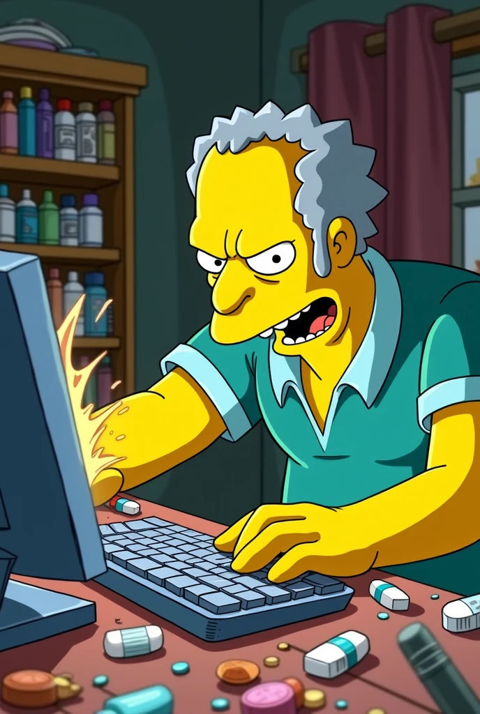 Moe Szyslak from The Simpsons, angry and a Botafogo fan, in front of the computer and hitting the keyboard, with medicines spread out on the table