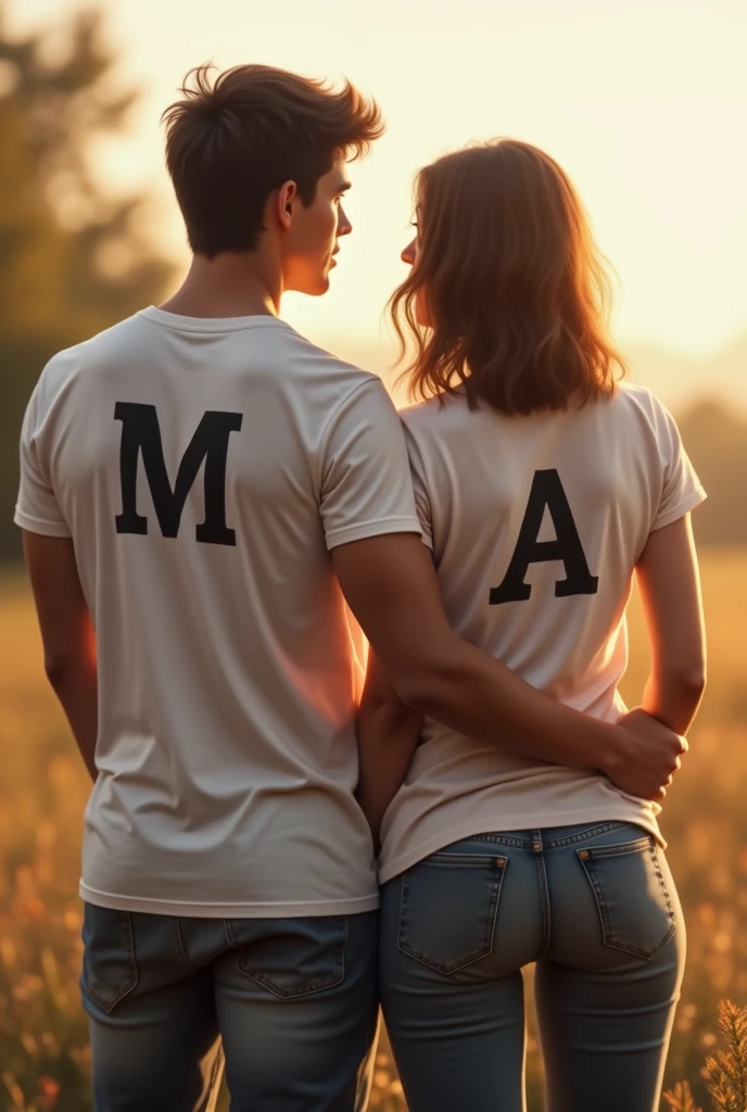 Realistic image create girlfriend and boyfriend boy friend T Shirt back side written "M"  And  girlfriend T shirt back side "A" 