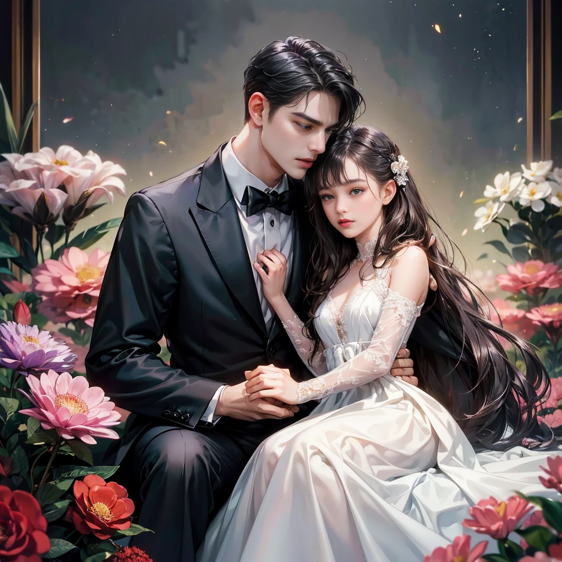 Happy couple, 1 girl 1 boy, Different hair color, Extraordinarily detailed face, A long black bow-tied bangs and brown eyes. A young woman with long hair and a hair clip. , A man with black hair, an open forehead, and dark grey eyes.,, Face to face, 35 years old, , (Young woman in white dress), (A young man in a black suit), Evening sunlight,The boy is tall, has broad shoulders, a sharp face, and fierce eyes., Height difference , Night background, decorated with lights, sitting, Looking at each other,Pink clouds, A land overgrown with flowers, Art Station Display, Ultra Wide Lens, high definition,