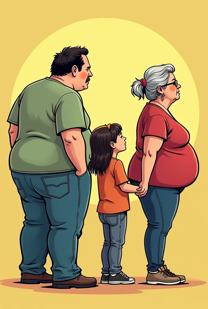 create a comic book image of a fat dad, a skinny teenage daughter, an old, fat mother with asthma. Everyone's back is pointing to the right of the background