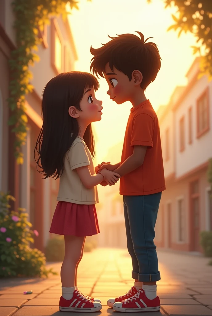 A couple of friends, a beautiful brunette girl with straight hair, and a boy who is also dark-skinned and taller than , both are 15 year olds