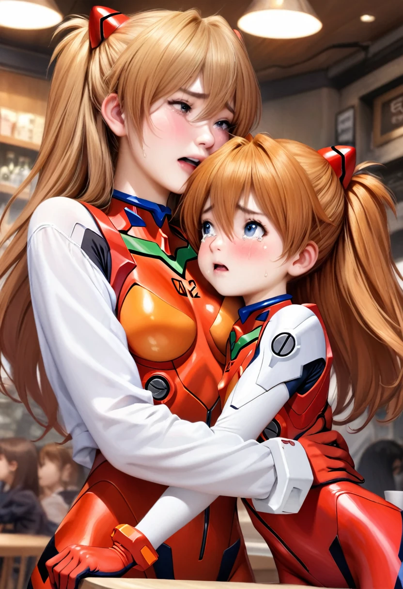 animetoreal, (mother and daughter, age_difference,size_difference), listening to the heartbeat , hugging each other,grabbing tit,(Cum on body), embarrassed,blush,tears in eyes, sweat, , masterpiece, best quality, very aesthetic, absurdres, ,souryuu asuka langley, neon genesis evangelion, rebuild of evangelion, plugsuit, pilot suit, red bodysuit,,in a cafe,floating_clothes,