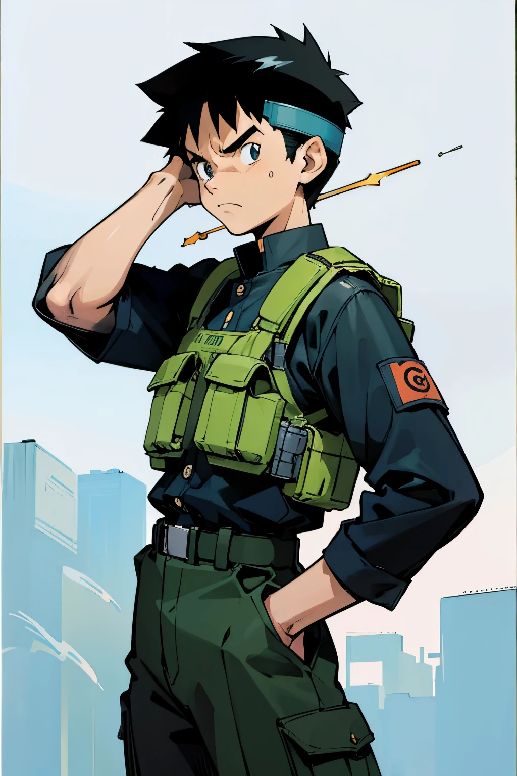 by Ken Sugimori, sugimori 1990s, ((only 1man)), adult, camoflauge uniform, backpacker, survivalist, bullet proof vest, scowling, safety goggles ((hands behind their back)), full black pupils, manga, best quality, highly detailed, clean lines, cowboy shot, good hands, good eyes, hd, 8k, professional, symmetrical, hires, 8k,