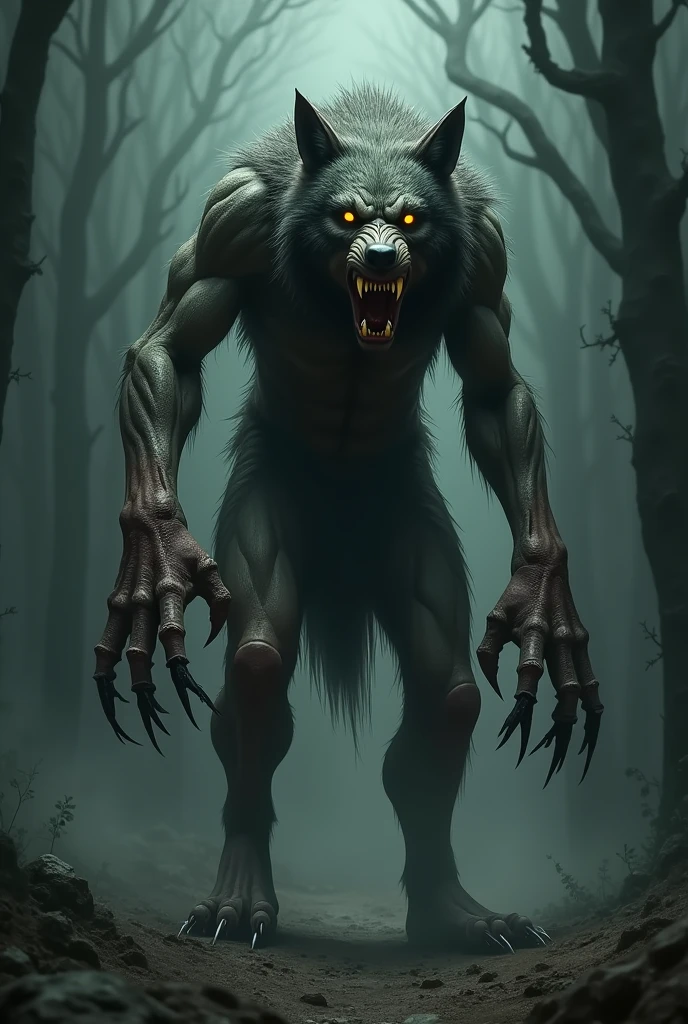 A hideous half-human wolf with large claws