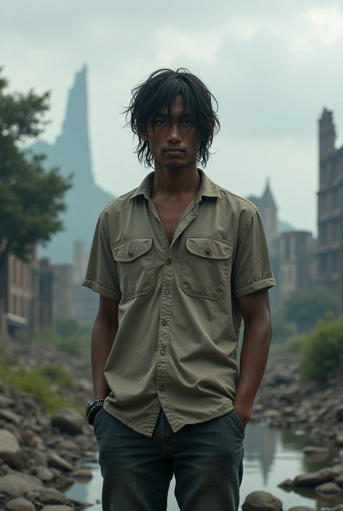 The Thai black man, regarde le spectateur, Longhaire, chemise, jeans, nuvens, jour, sky,En plein air, post-apocalypse, Ruins, scenery, tree, water,