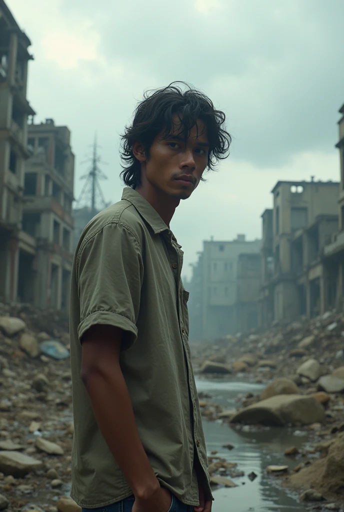 The Thai black man, regarde le spectateur, Longhaire, chemise, jeans, nuvens, jour, sky,En plein air, post-apocalypse, Ruins, scenery, tree, water,