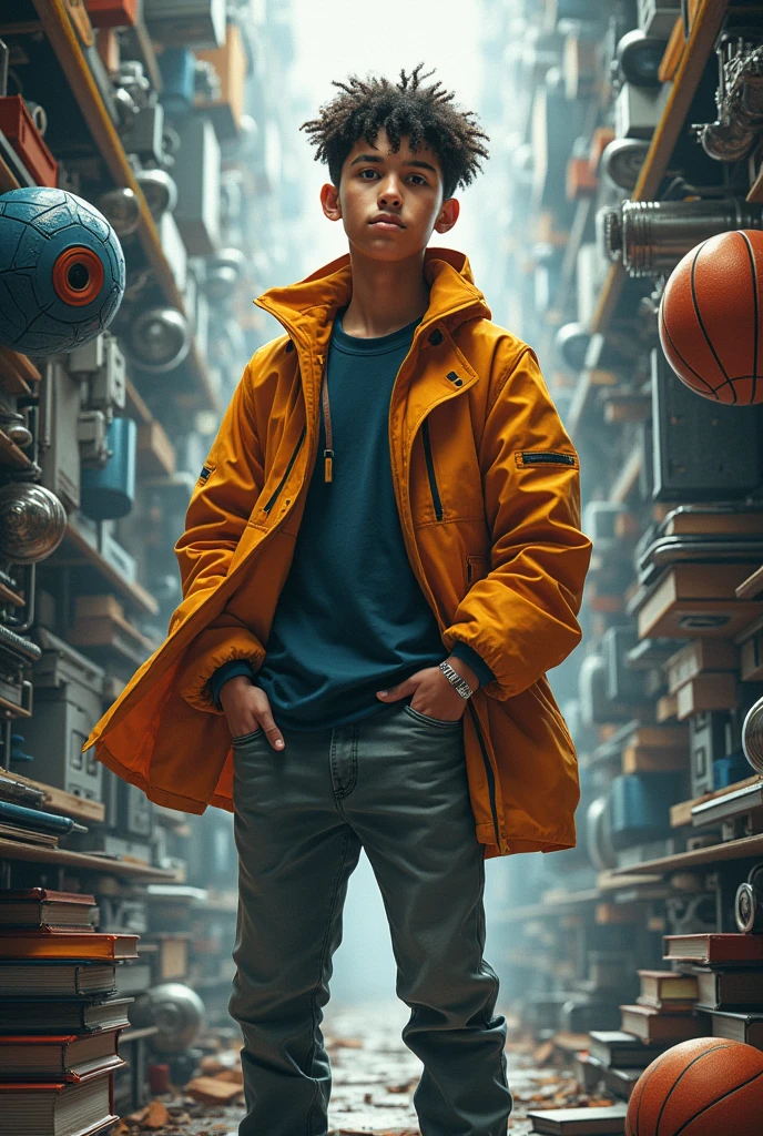 Je veux devenir un génie en mécanique, automobile, informatique et également super joueur de basketball. Crée une image qui représente mes objectifs.