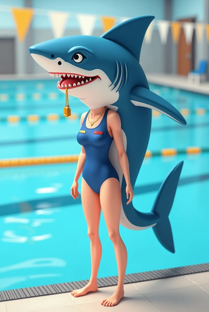 The furry mako shark is female. Swimming coach. He wears a swimming suit. The chest is missing. There's a whistle hanging from her neck. There are fins on the elbows. There is a large fin on the back. There is a shark's tail. Against the background of the pool. In the style of fundamental paper education.