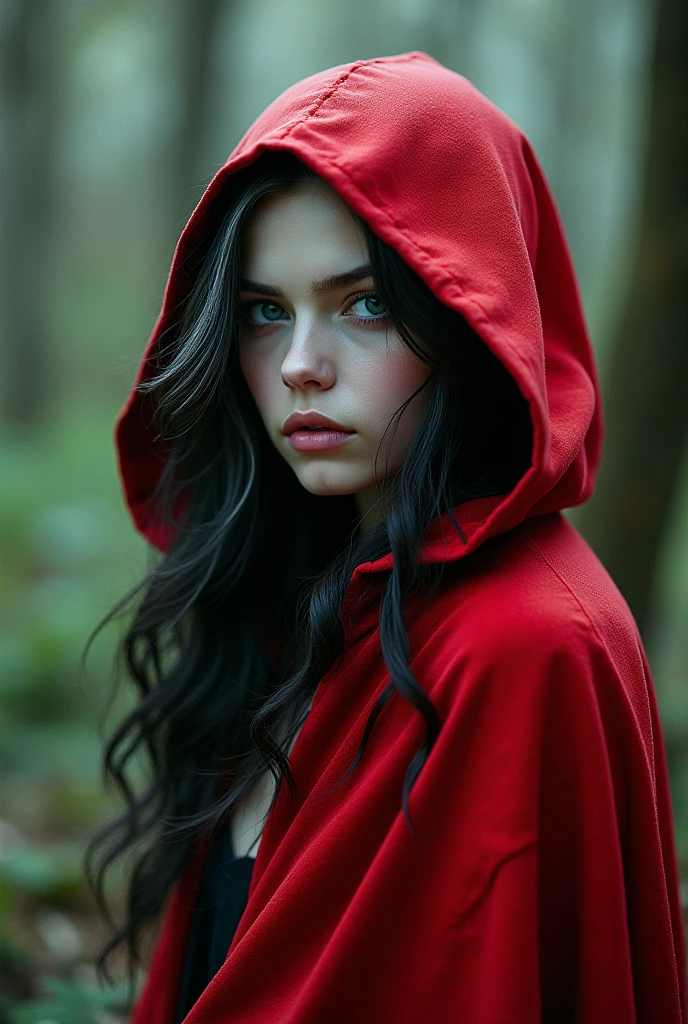 beautiful pale white skin blue eyes with black hair and white streaks in a red cape and hood in the forest