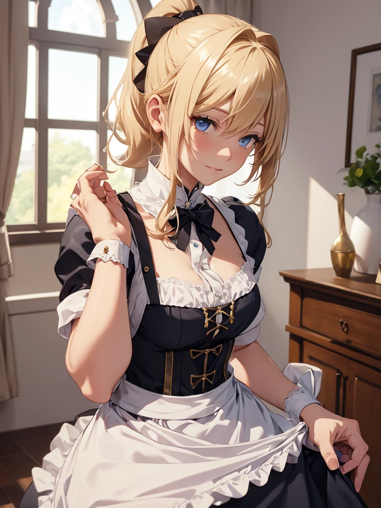 (Jean), 1woman, as a maid, wearing a maid outfit, at a home, blonde colour ponytail hair, 8k, high detailed, high quality