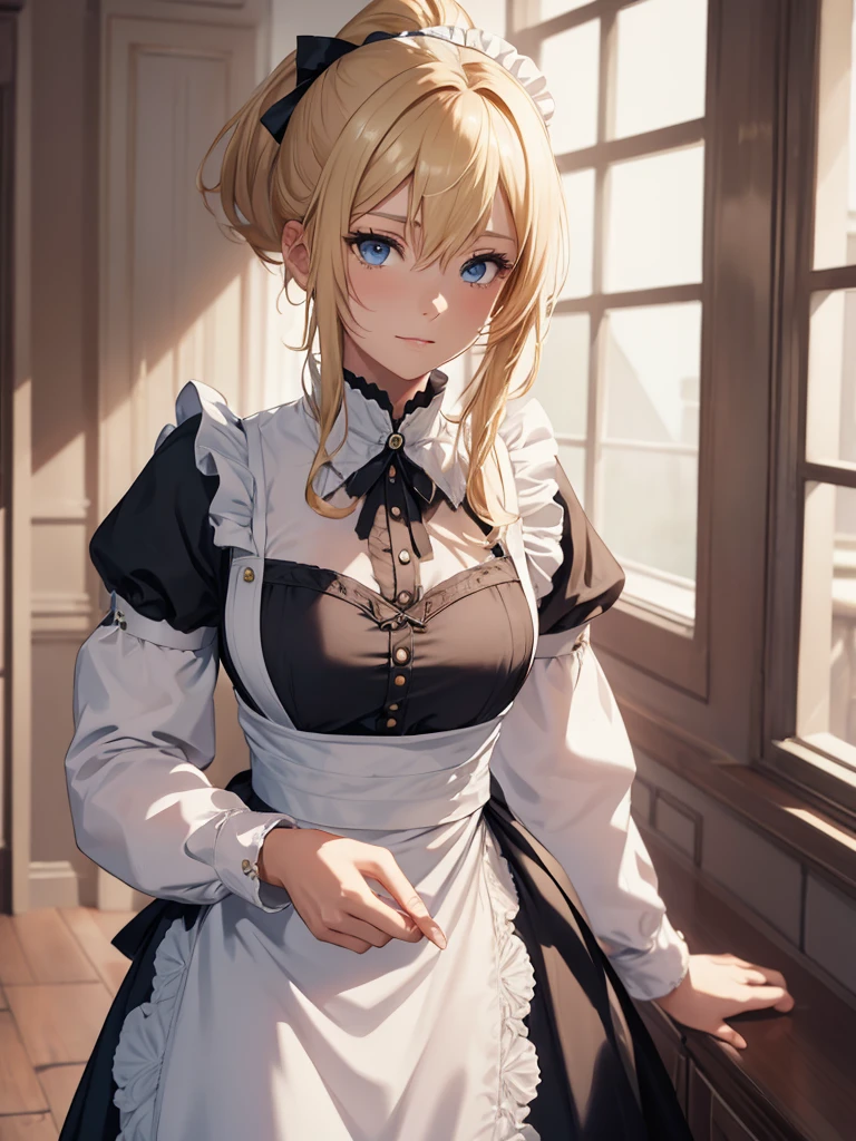 (Jean), 1woman, as a maid, wearing a maid outfit, at a home, blonde colour ponytail hair, 8k, high detailed, high quality