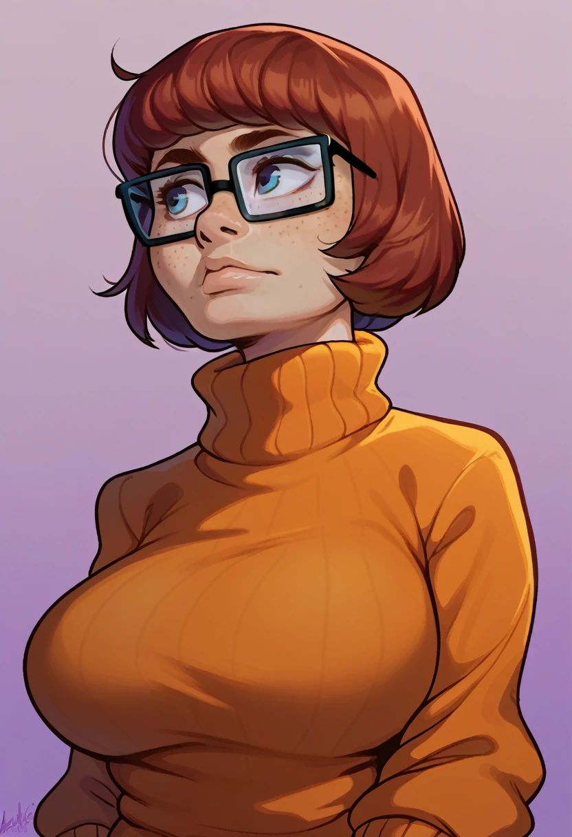 score_9, score_7_up, 1girl, solo, velma dace dinkley, portrait, turtleneck sweater, purple background, gradient background, freckles, large breasts, looking to the viewer,