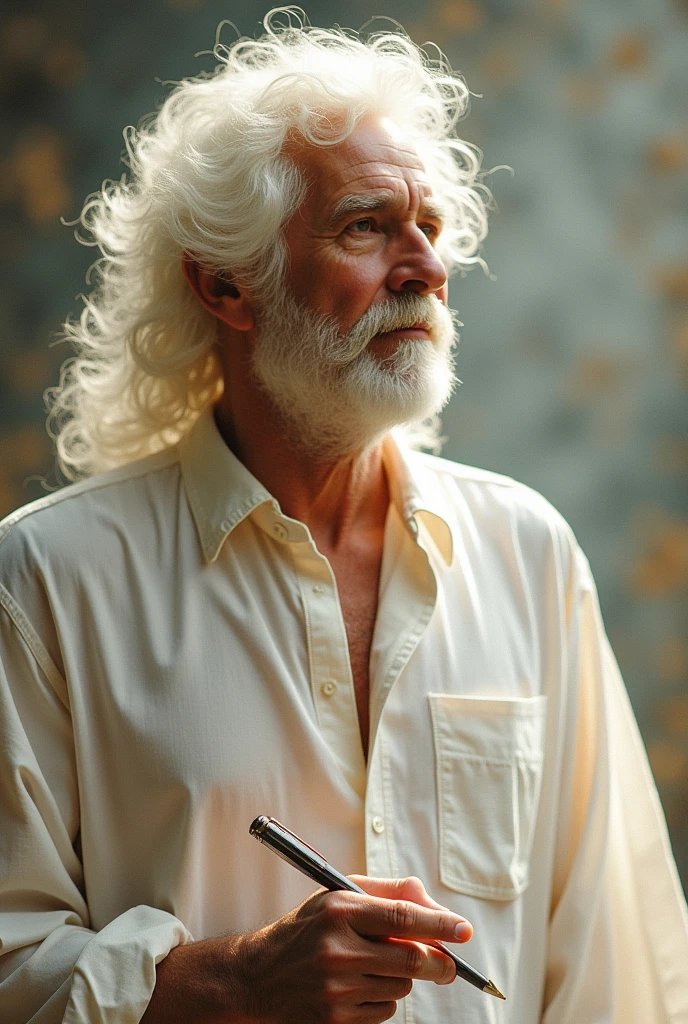 Spirit Spirit of the Wind , Guy with white hair, pen in hand, the picture looks like it's from an old book, in a white shirt