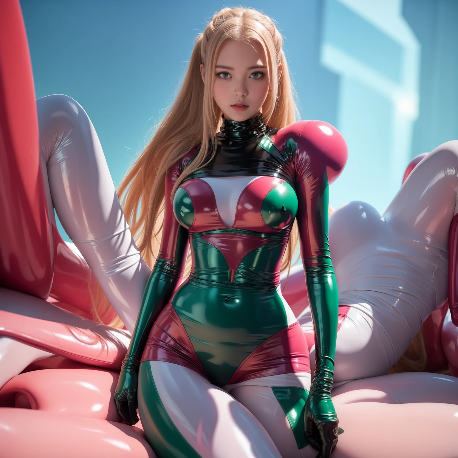 woman WHITE LATEX JUMPSUIT Black Power 23 years old Sex Plastic Rainbow pants blouse , front-facing, belly slim waist, breast ass , thighhigh, white metallic, light pink, Light brown bun hair, big green eyes, red skin