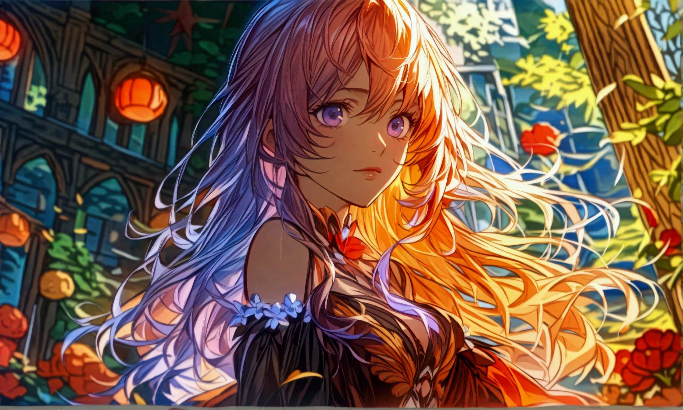 Dark skinned woman, vibrant purple hair, luxurious high-neck dress, calm expression, scenery, "Intricate anime character design inspired by One Piece, stunning lighting, stunning focus, stunning face, creative details, ultra-fine 2D design, scenery bathed in creativity, boasting 2D anime resolution clarity, incredible resolution, high-octane rendering"