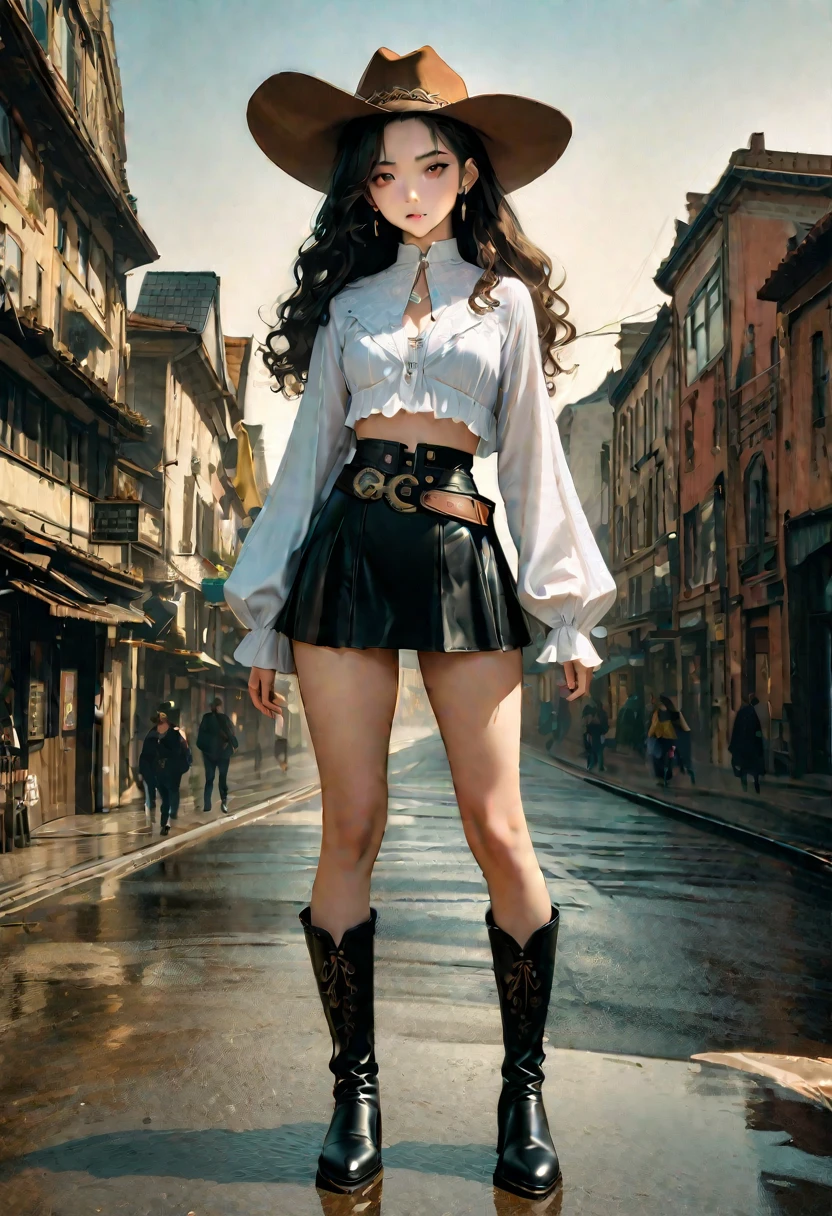 Cool Cowgirl, Cowboy hat, blouse, Jacket, Cross Belt, mini skirt, Knee-high boots, Absurd, RAW Photos, Very delicate and beautiful, masterpiece, Highest quality, Ultra-high resolution, 32K, Surreal, Very detailed, Detailed Description, 20-year-old,Earrings,Wavy Hair, Full Body Shot,
