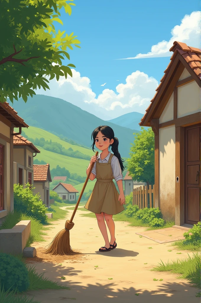 Rania is a girl who is sweeping the yard in a village.