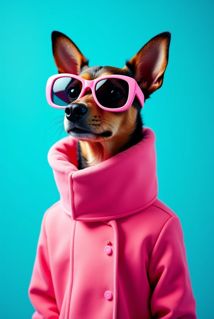 The best cell phone wallpaper, Award-Winning Wallpaper, portrait photography, In the front view is a portrait of a cute dog wearing mid-1960s space age fashion, Side view photo, Shot with Canon EOS R5, Set a strong contrast that accentuates the subject, Fluorescent blue tone, Wearing a very modern coat and sunglasses is a modern 1960s style, Clothes all in one color, beautiful background