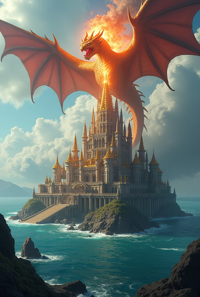 Create a royal king place image in ocean with dragon in sky dragon doing fire attack 
