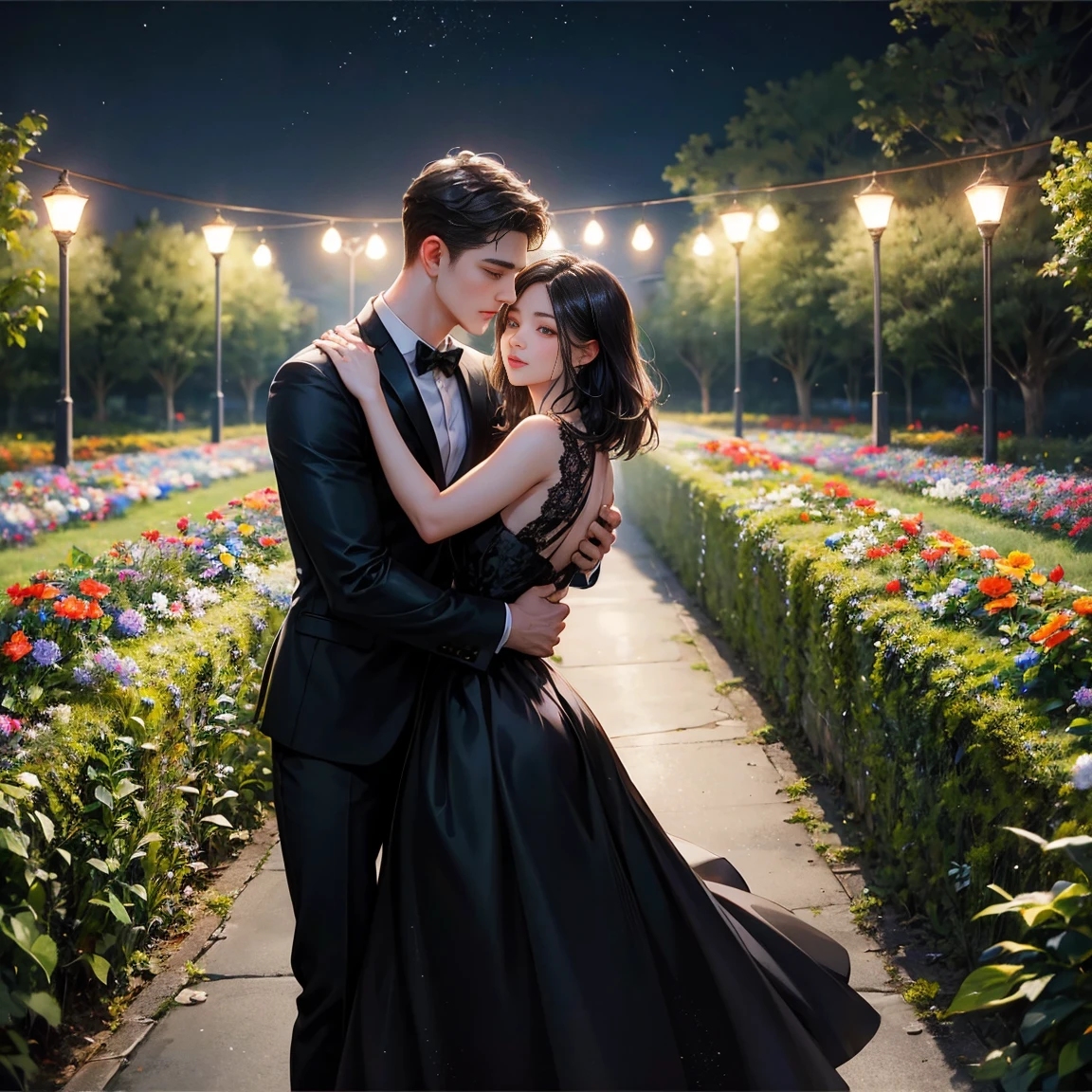 Night Flower Garden,Tyndall Light,Couples hugging each other,Black Short Hairstyles for Boys,handsome,A young woman with long, wavy black hair,black dress,walking,The lights are dim.